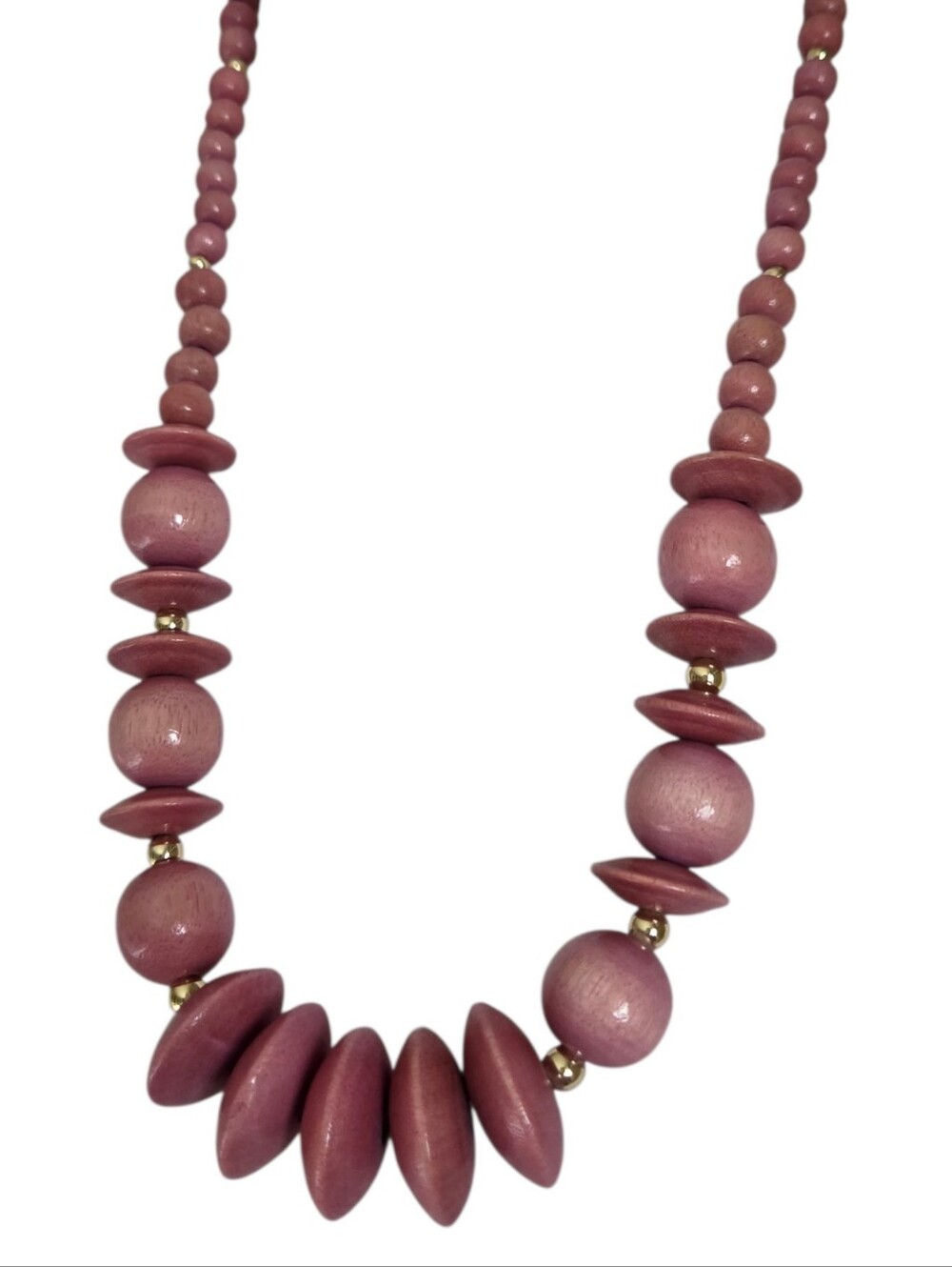 vintage dusty pink chunky wood bead statement necklace mauve saucer disc barrel